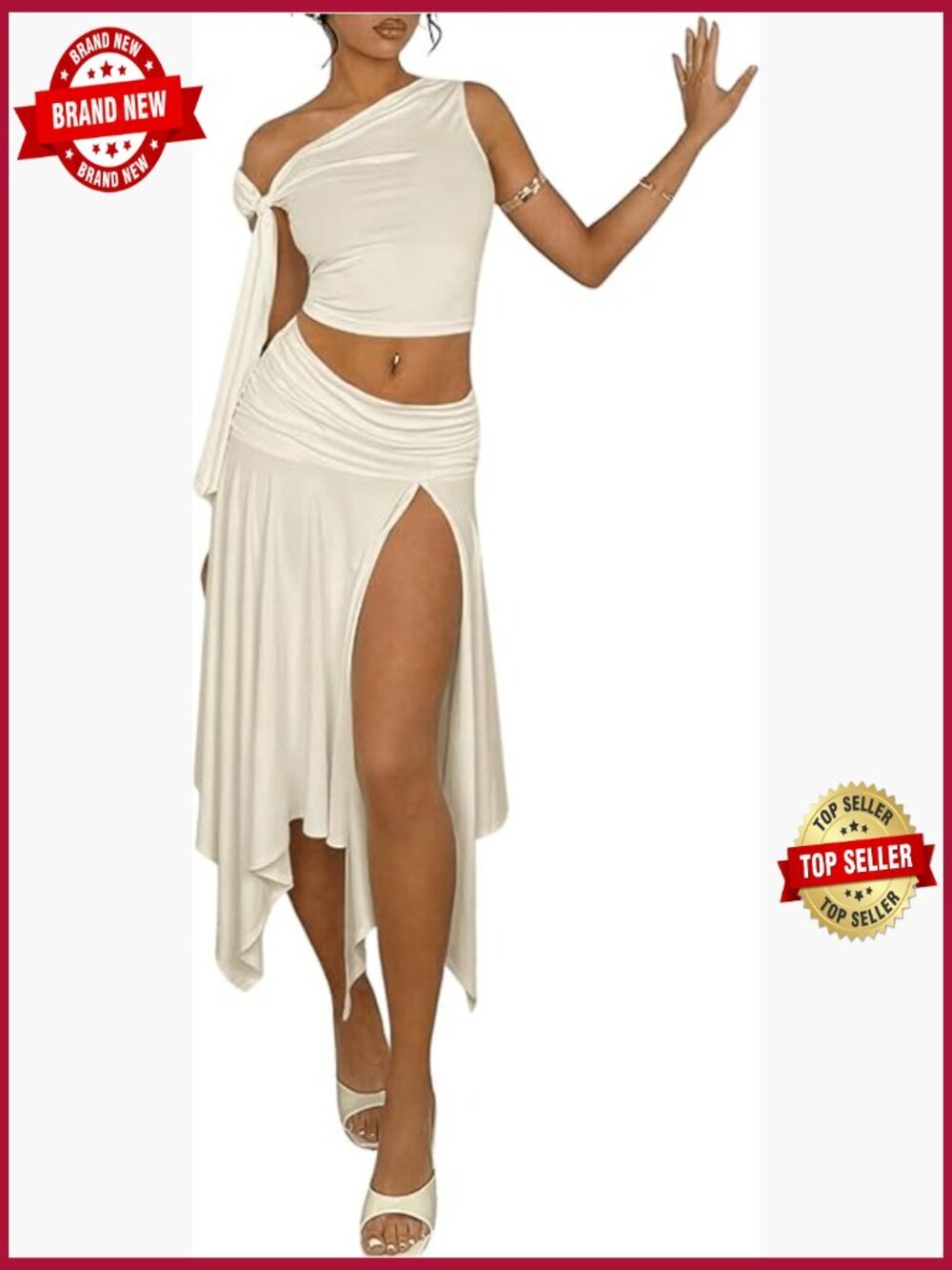 2 Piece Outfit Asymmetrical Neck Sleeveless Top and Split Thigh Ruffle Midi